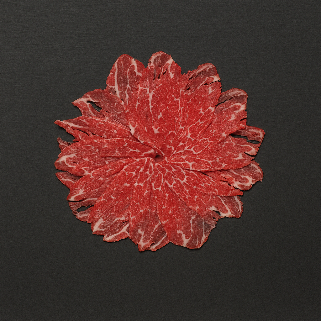 Grass-fed beef carpaccio slices, thinly cut with lean texture and light marbling, arranged on chilled plate with garnish