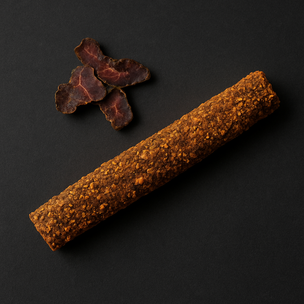 Homemade beef biltong slices, air-dried and spiced, with dark edges and marbled texture, arranged on wooden board