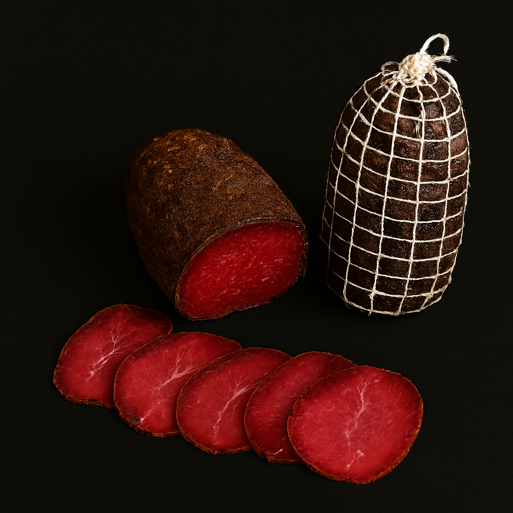 Homemade beef bresaola, thinly sliced and air-dried, deep red with marbled edges, arranged on wooden board