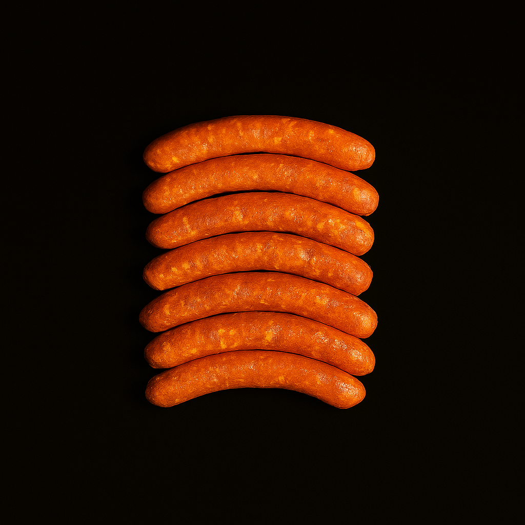 Raw Mexican beef chorizo sausage links, deep red with visible spice flecks, coiled on butcher paper with rustic background