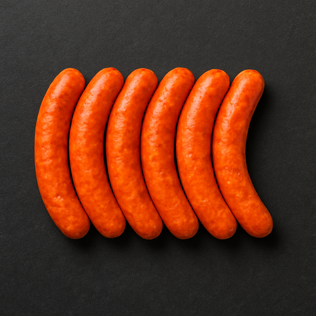 Raw Pennsylvania-style chicken sausages, plump and evenly cased with visible spice flecks, arranged on butcher tray