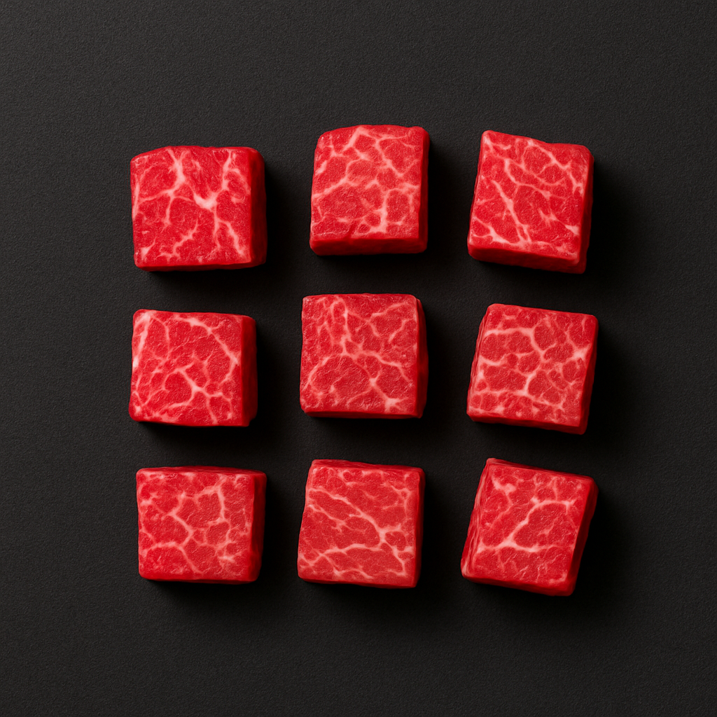 Raw Wagyu beef cubes, evenly cut with rich marbling and deep red color, arranged on butcher tray