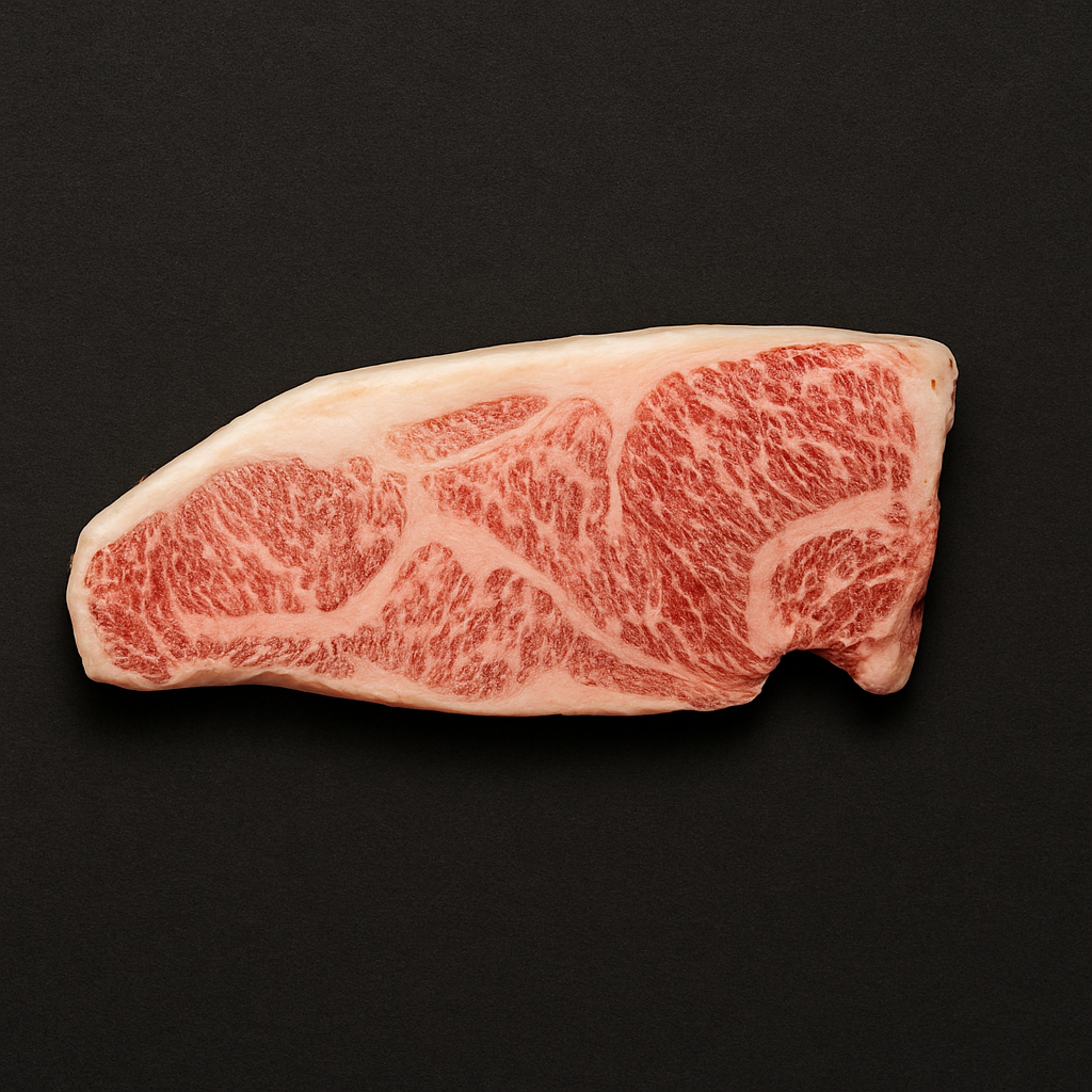 Raw Wagyu striploin A5 grade, boneless with intense marbling and trimmed fat cap, placed on butcher tray