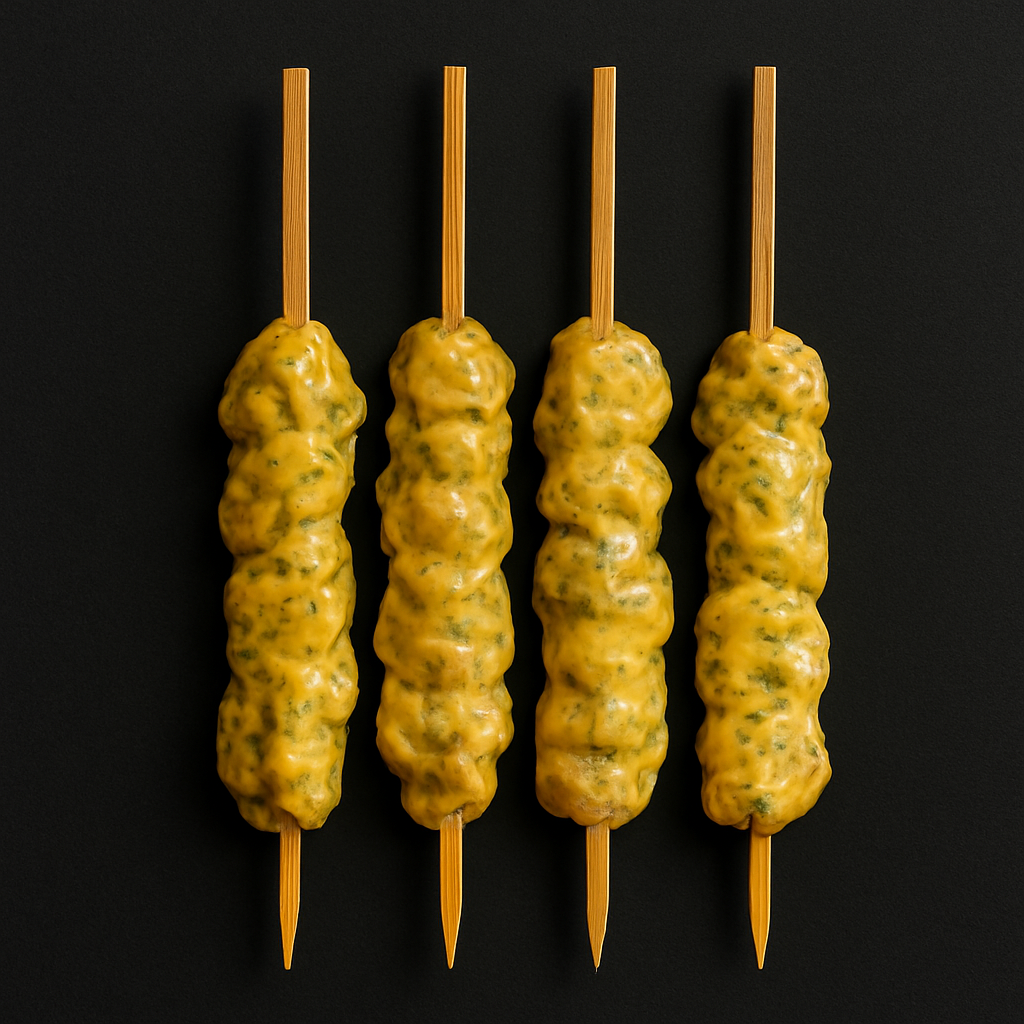 Raw chicken shish tawouk skewers, marinated in yogurt and spices, arranged on tray with bell pepper garnish