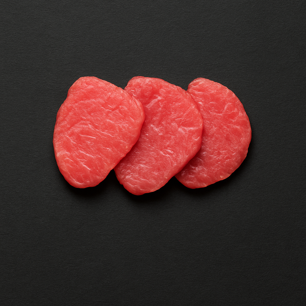 Raw grass-fed beef tenderloin, boneless with lean texture and minimal marbling, placed on butcher tray