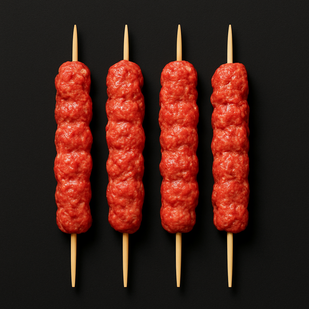 Raw lamb Adana kabab skewers, hand-shaped with visible spices and herbs, arranged on tray with parsley garnish