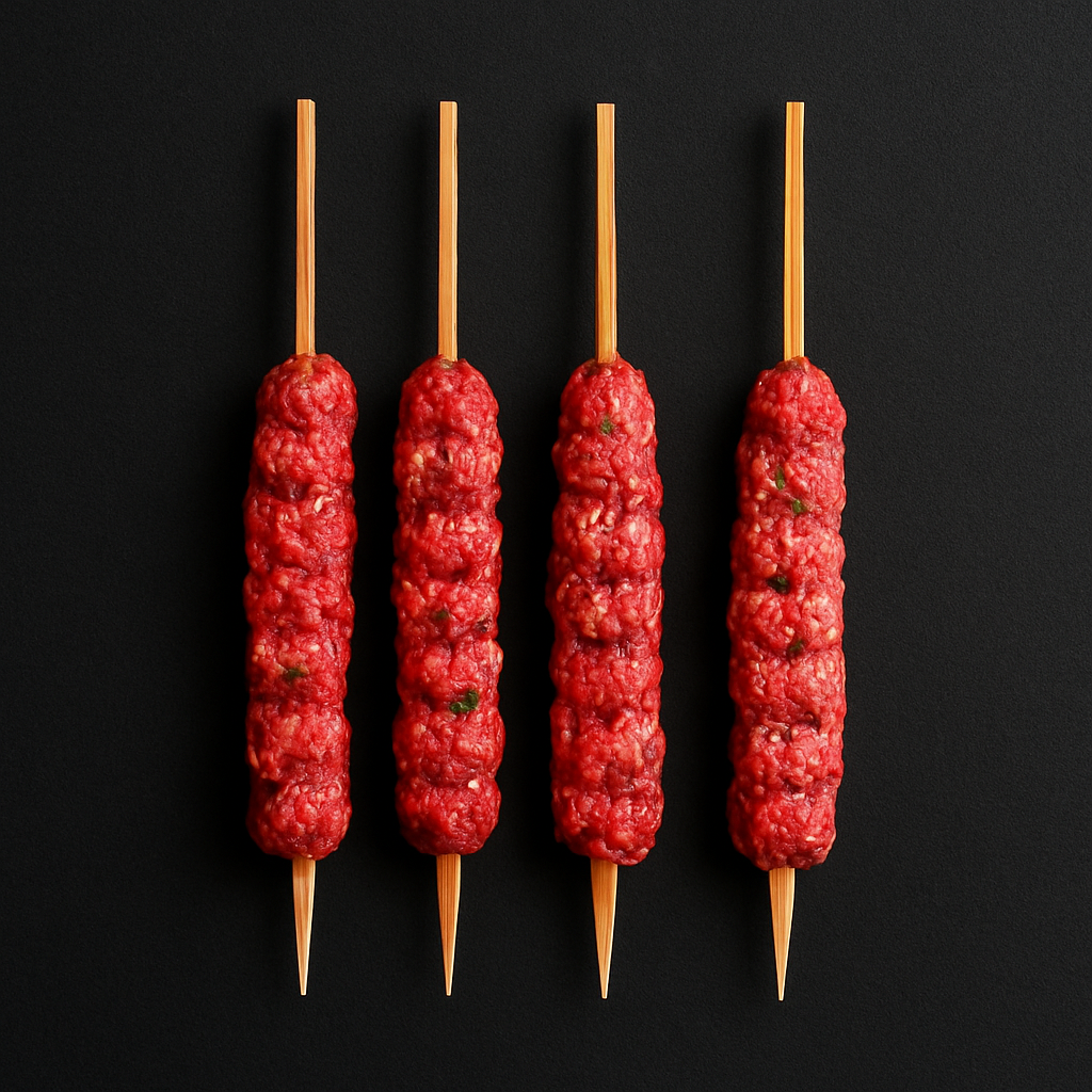 Raw lamb kofta skewers, hand-shaped with visible herbs and spices, arranged on tray with parsley garnish