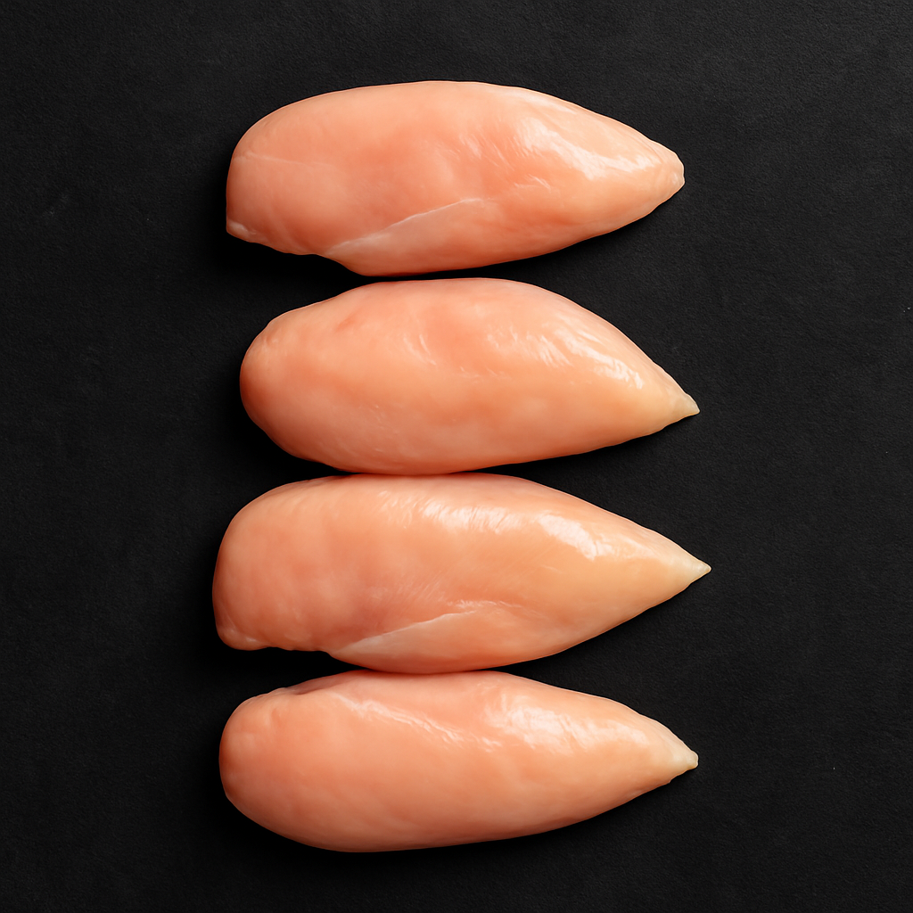 Raw skinless chicken breast fillets, boneless with smooth texture and pale pink color, arranged on butcher tray