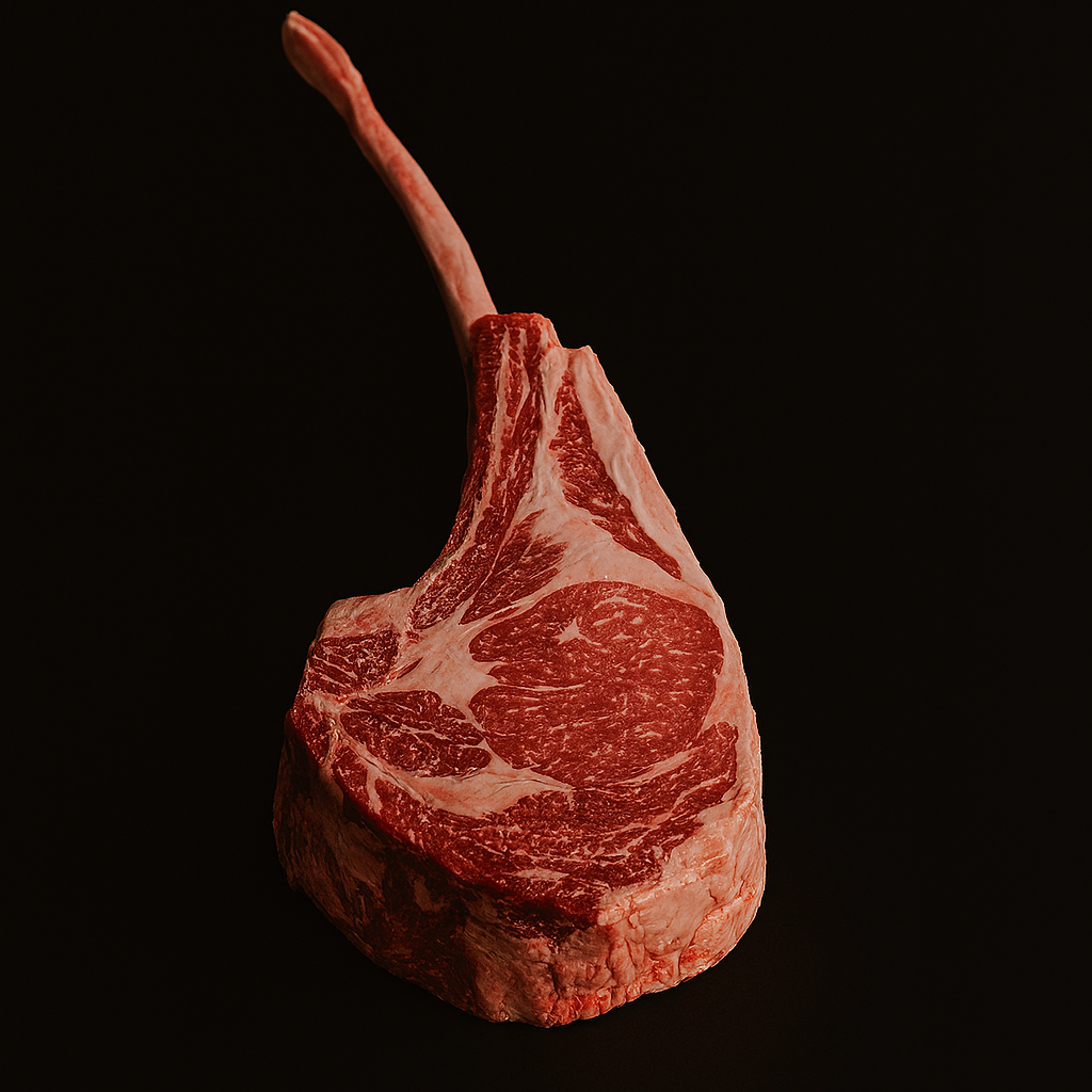 Bone-in tomahawk steak with rich marbling, laid on butcher paper with knife beside