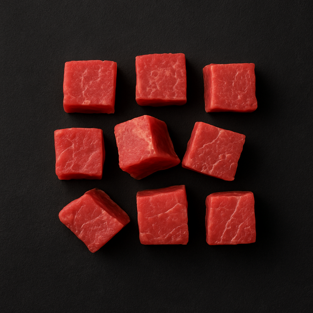 Raw gluten-free beef cubes, evenly cut with lean texture and deep red color, arranged on butcher tray with certified gluten-free label