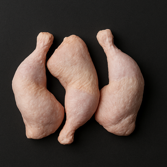 Raw chicken leg with skin on, pale pink with visible bone and trimmed edges, placed on white tray