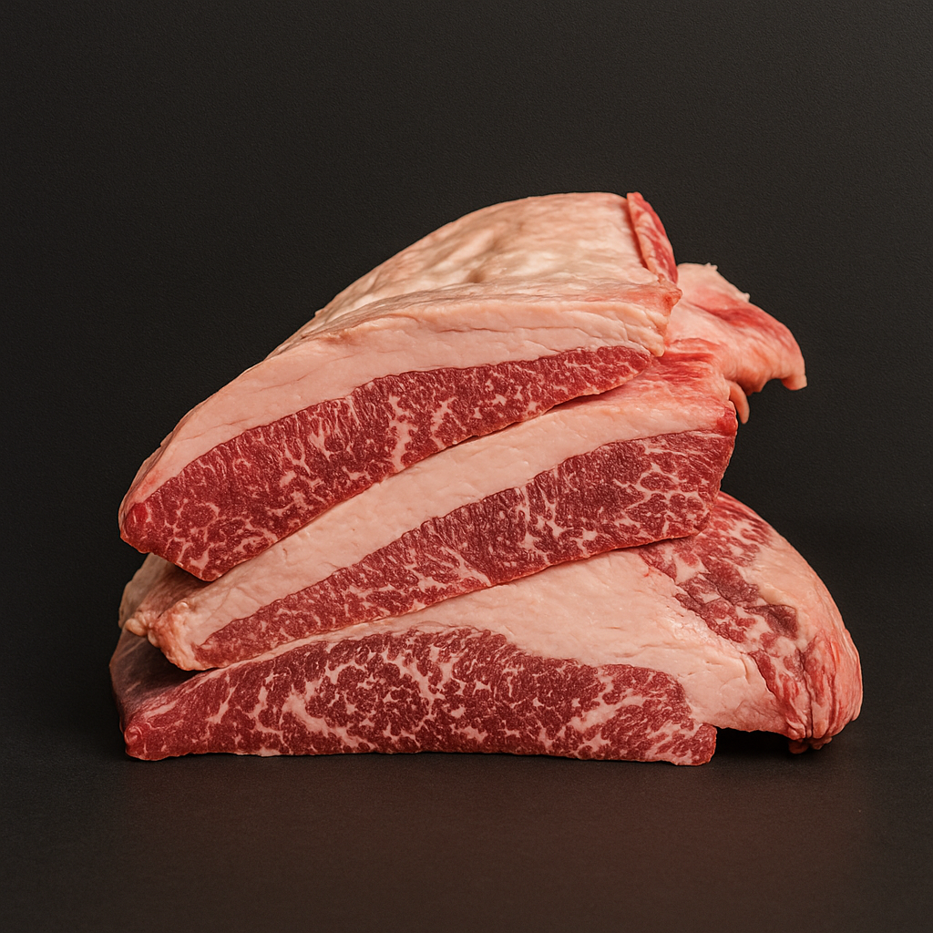 Raw Angus brisket MB3+, whole cut with moderate marbling and intact fat cap, placed on butcher tray