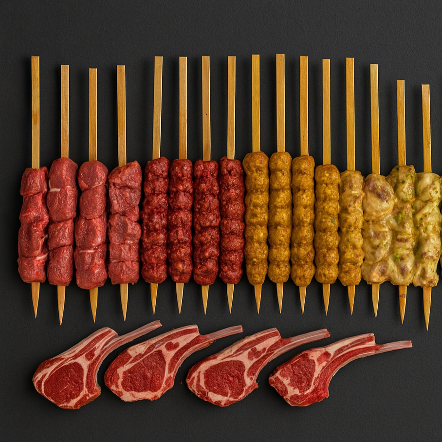DIY BBQ box with assorted raw meats, skewers, marinades, and grilling condiments neatly arranged in tray