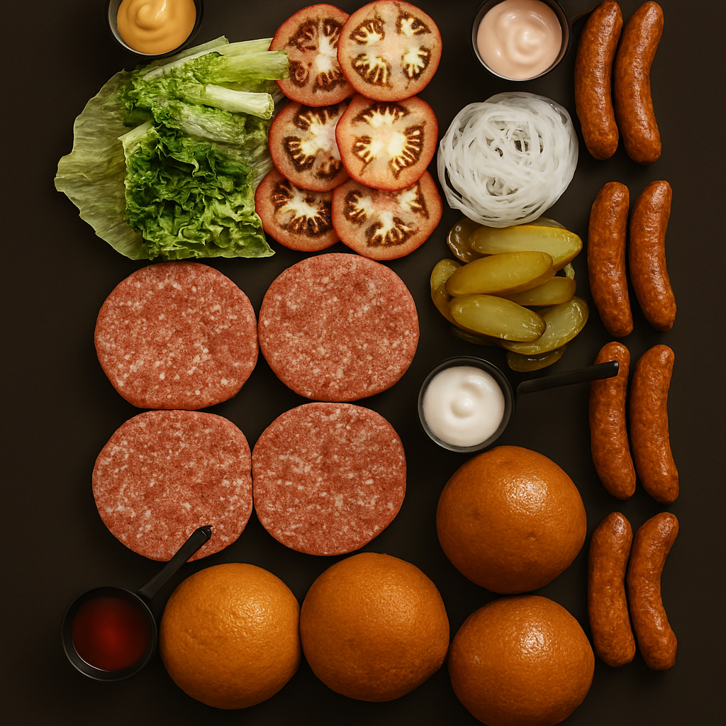 DIY burger box with raw Wagyu patties, fresh buns, cheese slices, and condiments arranged in tray