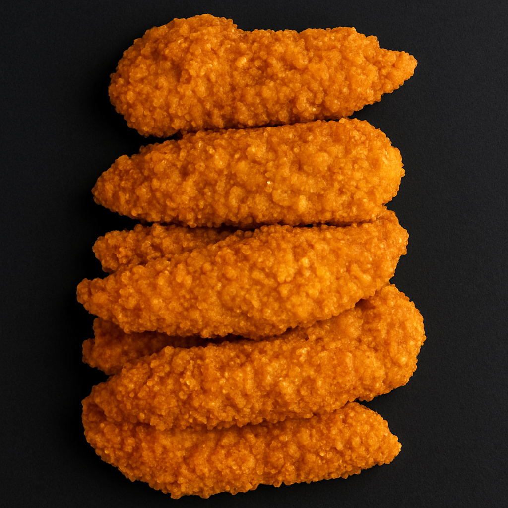 Golden crispy chicken tenders, breaded and fried, arranged on tray with dipping sauce and garnish