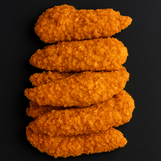 Golden crispy chicken tenders, breaded and fried, arranged on tray with dipping sauce and garnish