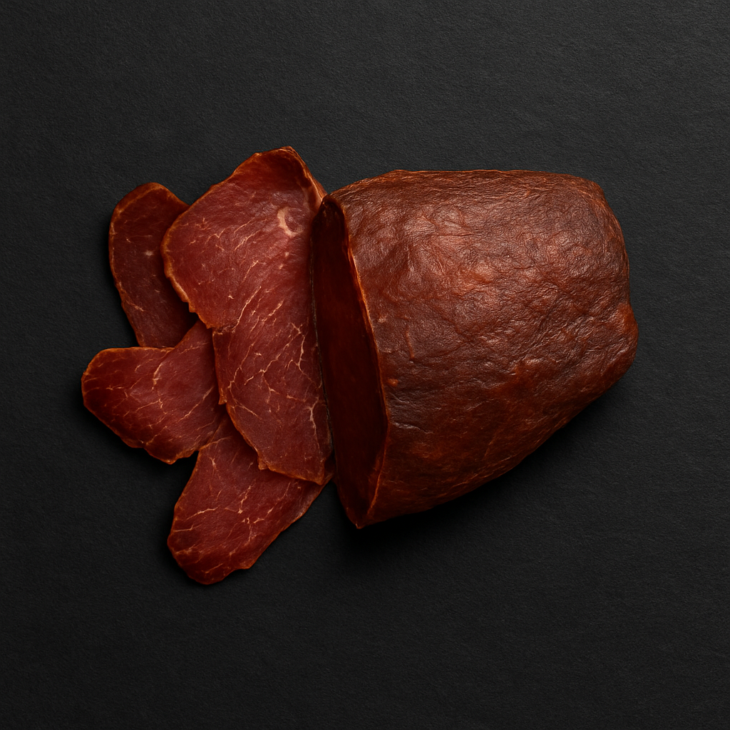 Home-made pastirma slices, air-dried and spice-rubbed with visible fenugreek crust, arranged on serving board