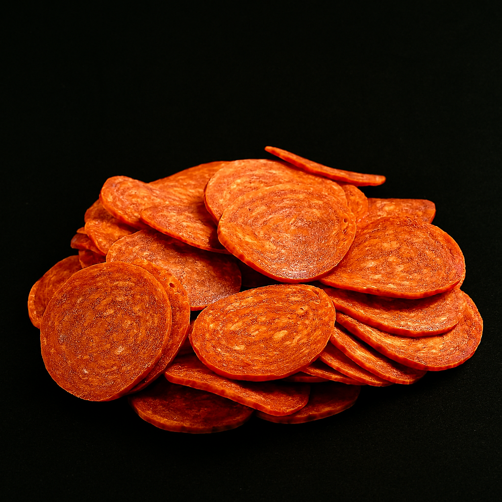 Homemade Wagyu beef pepperoni slices, deep red with marbled fat and spice flecks, arranged on wooden board
