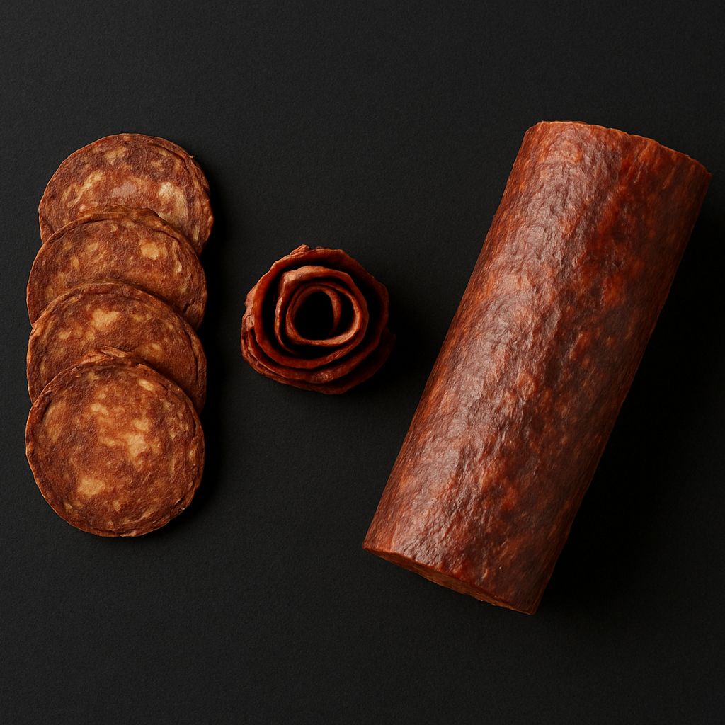 Homemade beef salami slices, cured and air-dried with visible spice flecks, arranged on wooden board