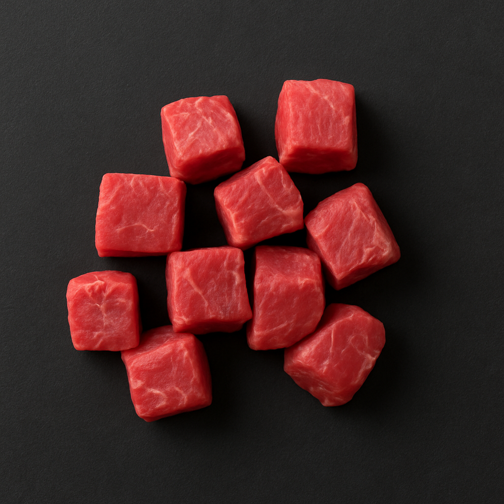 Raw Angus beef cubes MB3+, evenly cut with moderate marbling and deep red color, arranged on butcher tray