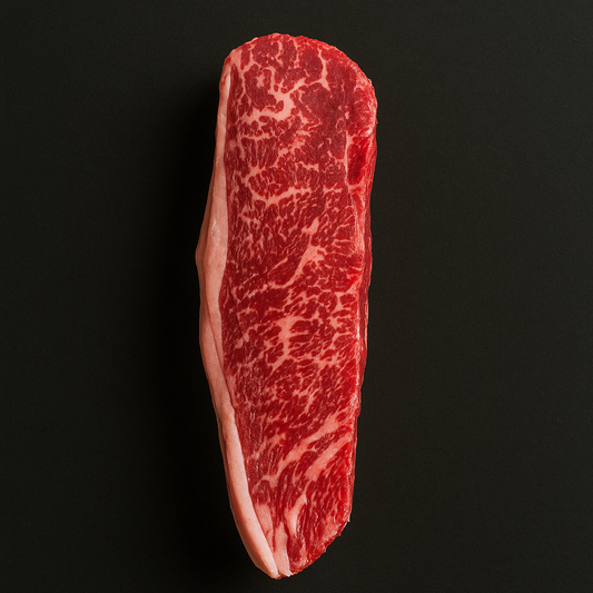 Raw Angus picanha MB3+, thick-cut with moderate marbling and intact fat cap, placed on butcher tray