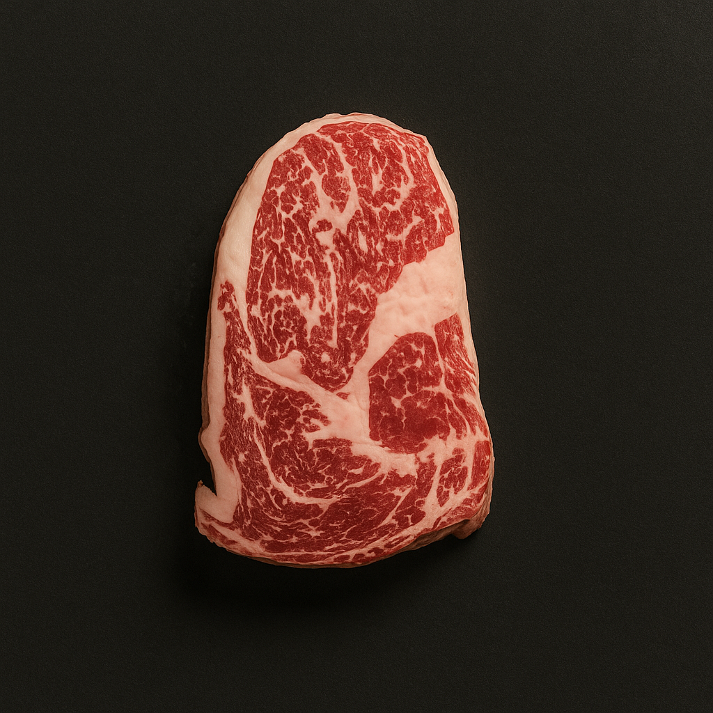 Raw Angus ribeye MB3+, boneless with moderate marbling and trimmed fat cap, placed on butcher tray
