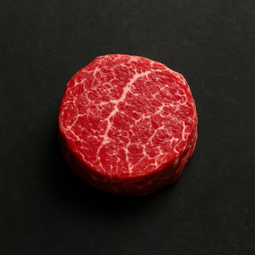 Raw Angus tenderloin MB3+, boneless with lean texture and moderate marbling, placed on butcher tray