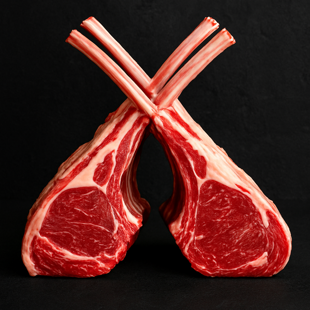 Raw Australian lamb rack, frenched and trimmed with visible marbling, arranged on butcher board with rosemary garnish