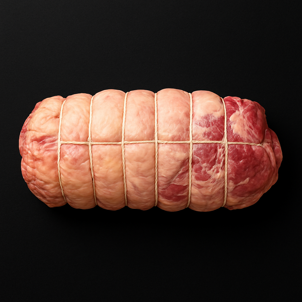 Raw Australian lamb rosto cut, boneless with rich marbling and trimmed edges, placed on butcher tray with herb garnish