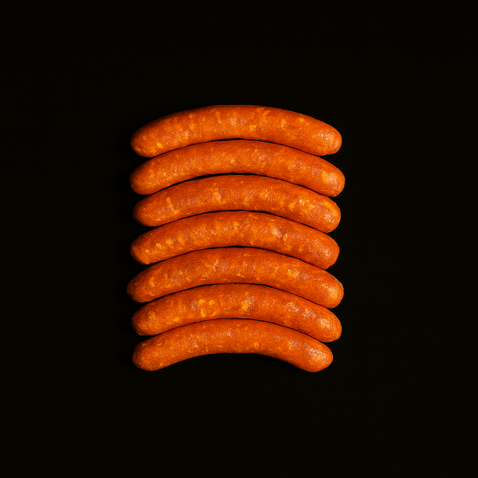 Raw Mexican beef chorizo sausage links, deep red with visible spice flecks, coiled on butcher paper with rustic background