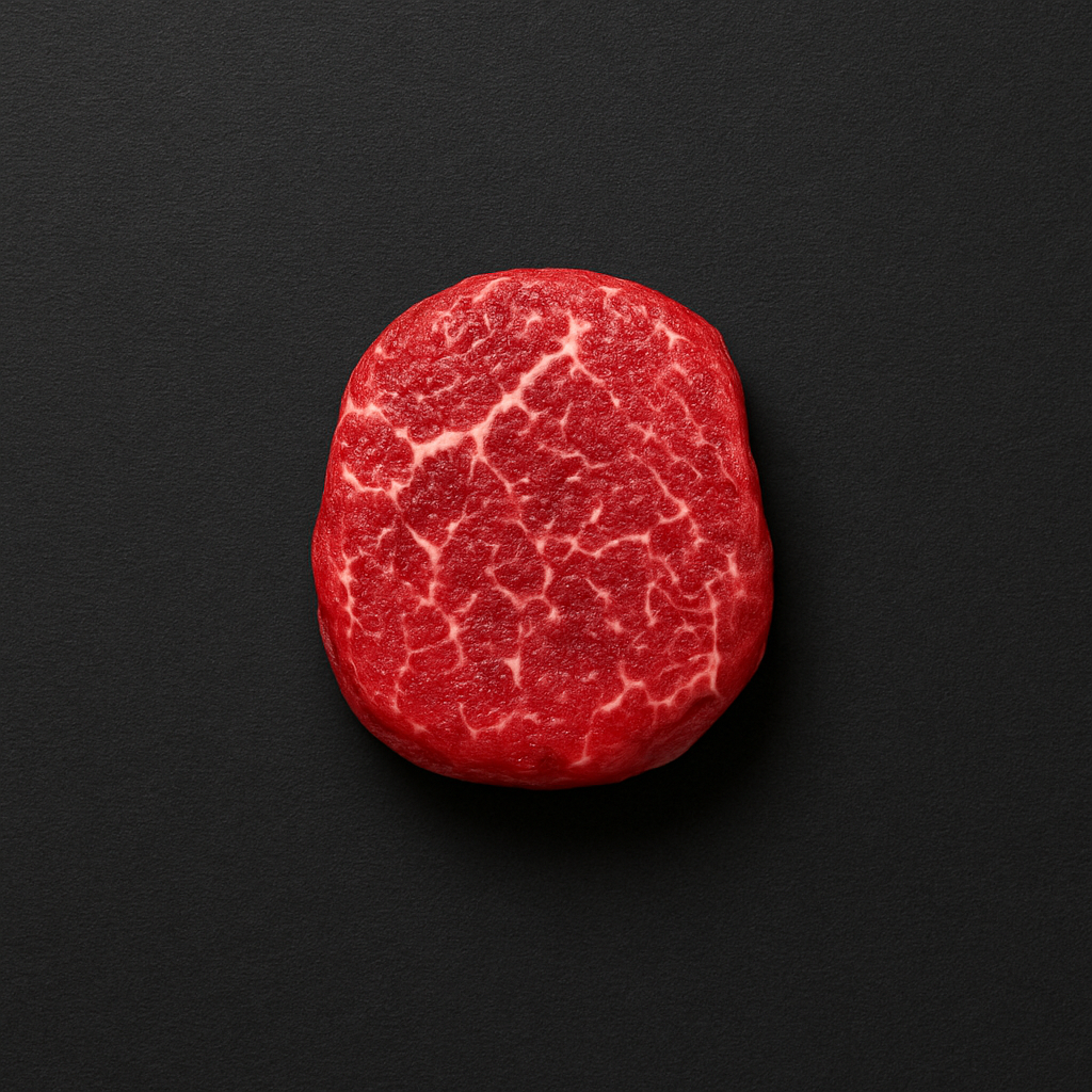 Raw Wagyu beef tenderloin MB9+, boneless with exceptional marbling and trimmed edges, placed on butcher tray