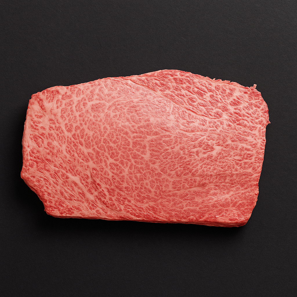 Raw Wagyu oyster blade MB9+, richly marbled with trimmed edges, placed on butcher tray with garnish