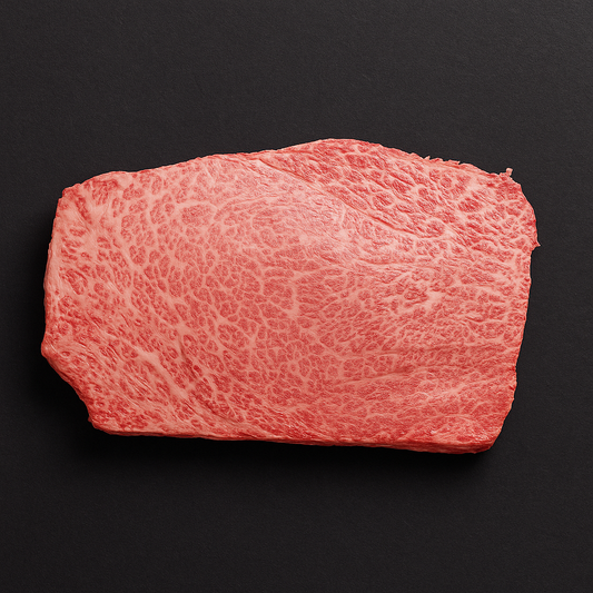 Raw Wagyu oyster blade MB9+, richly marbled with trimmed edges, placed on butcher tray with garnish