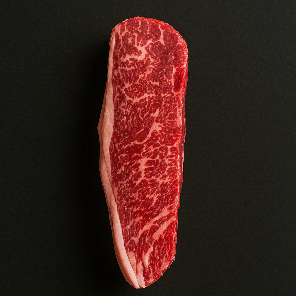 Raw Wagyu picanha MB6/7, thick-cut with rich marbling and fat cap intact, placed on butcher tray