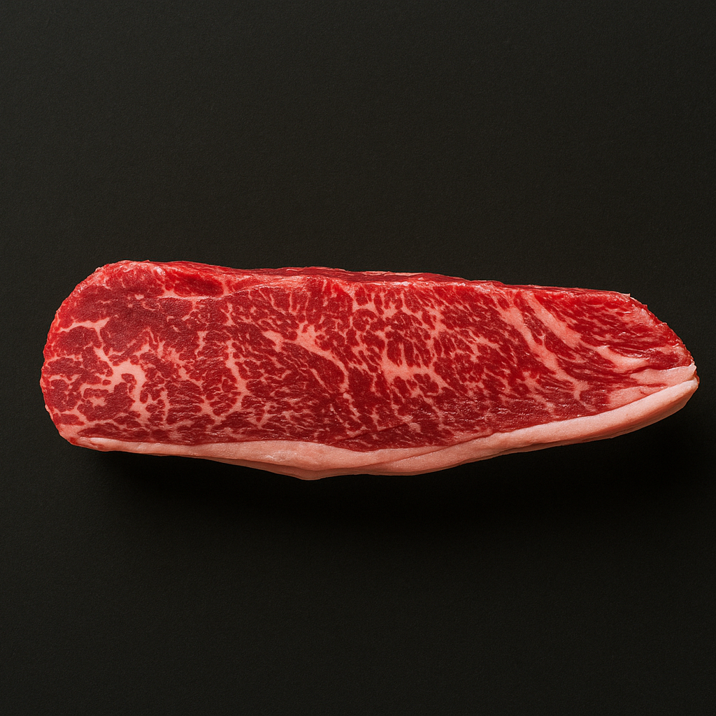 Raw Wagyu picanha MB 4/5, thick-cut with moderate marbling and intact fat cap, placed on butcher tray