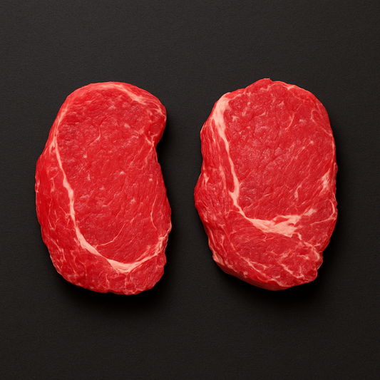 Raw Wagyu ribeye MB6/7, boneless with pronounced marbling and trimmed fat cap, placed on butcher tray