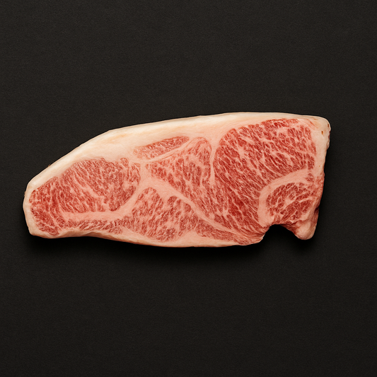 Raw Wagyu striploin A5 grade, boneless with intense marbling and trimmed fat cap, placed on butcher tray