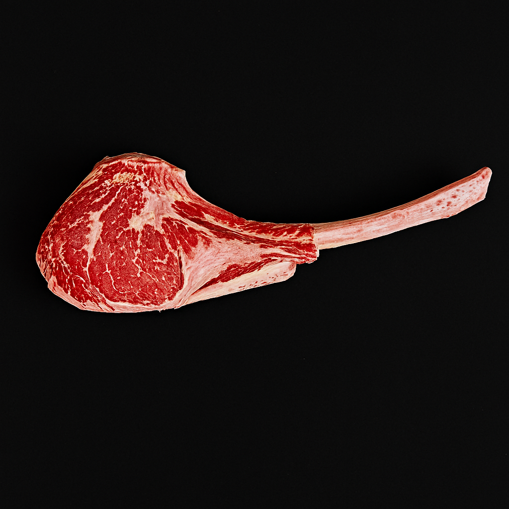 Raw Wagyu tomahawk steak MB6/7, thick-cut with long bone and intense marbling, displayed on butcher board