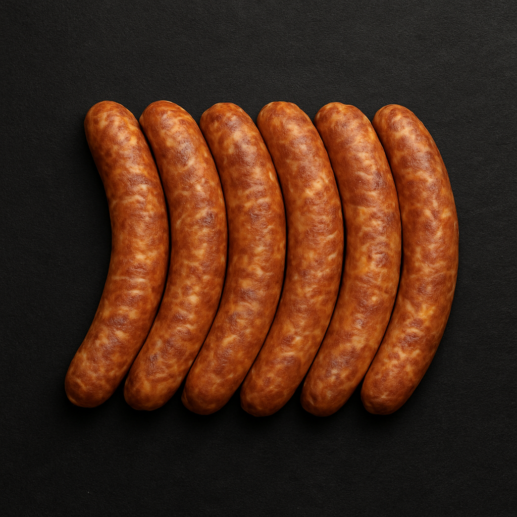 Raw aged lamb sausages, linked and marbled with visible spice flecks, arranged on butcher tray