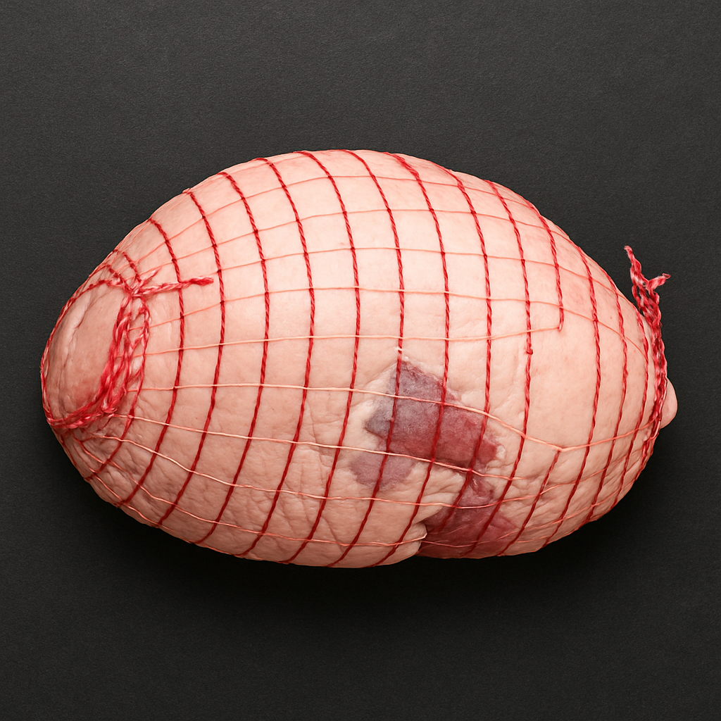 Raw boneless Australian lamb leg and shoulder cuts, deep red with rich marbling, placed on butcher tray with herb garnish