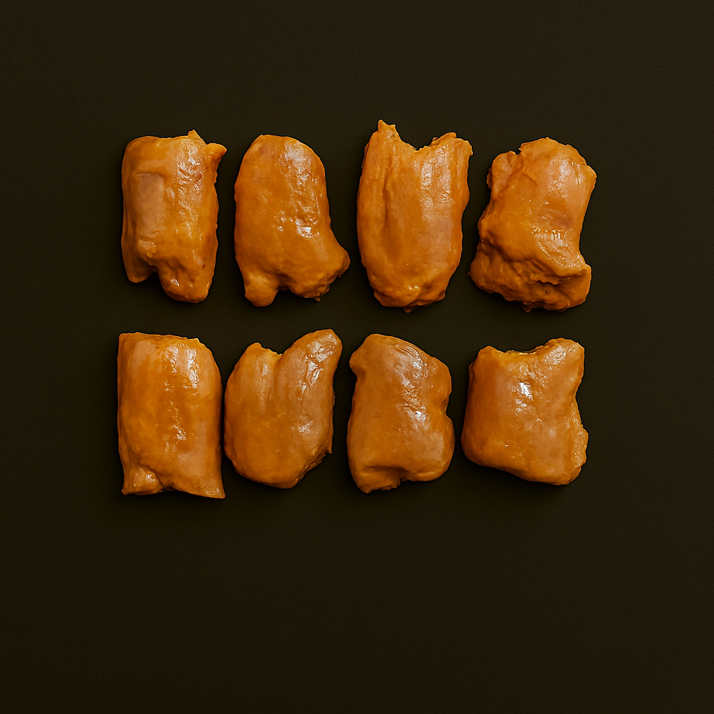 Raw boneless chicken thighs, skinless and trimmed, pale pink with visible grain, arranged on white tray