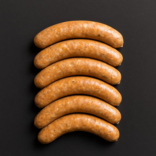 Raw chicken apricot sausages, plump and evenly cased with visible fruit flecks, arranged on butcher tray