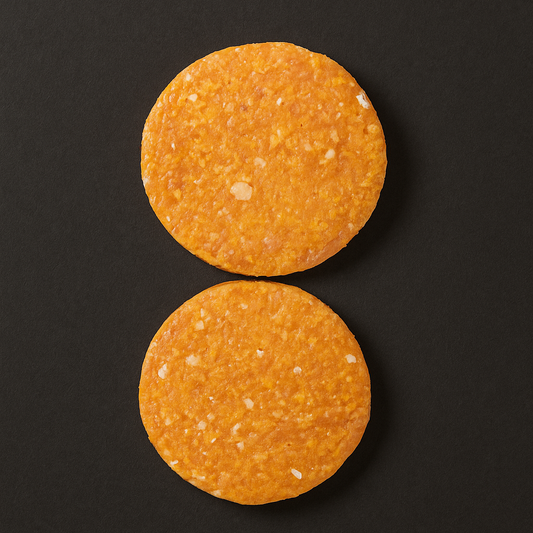 Raw chicken burger patties, round and evenly shaped with visible seasoning, arranged on parchment-lined tray