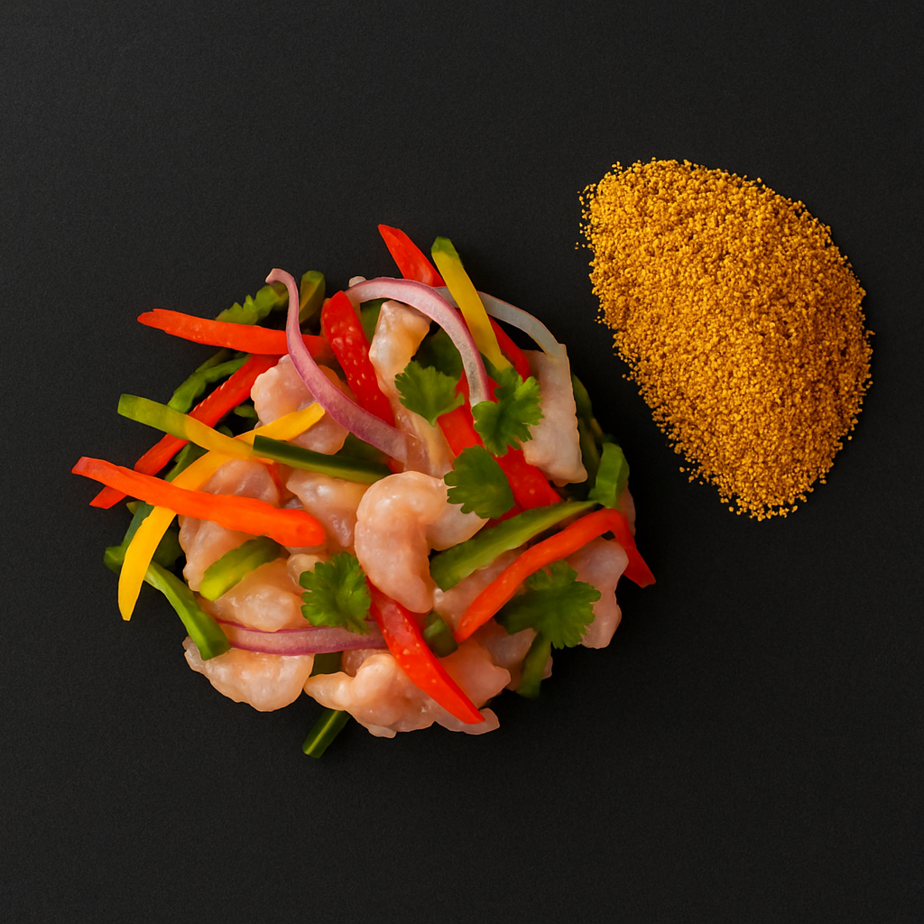 Raw chicken fajita strips marinated in spices and herbs, arranged on tray with bell peppers and onions