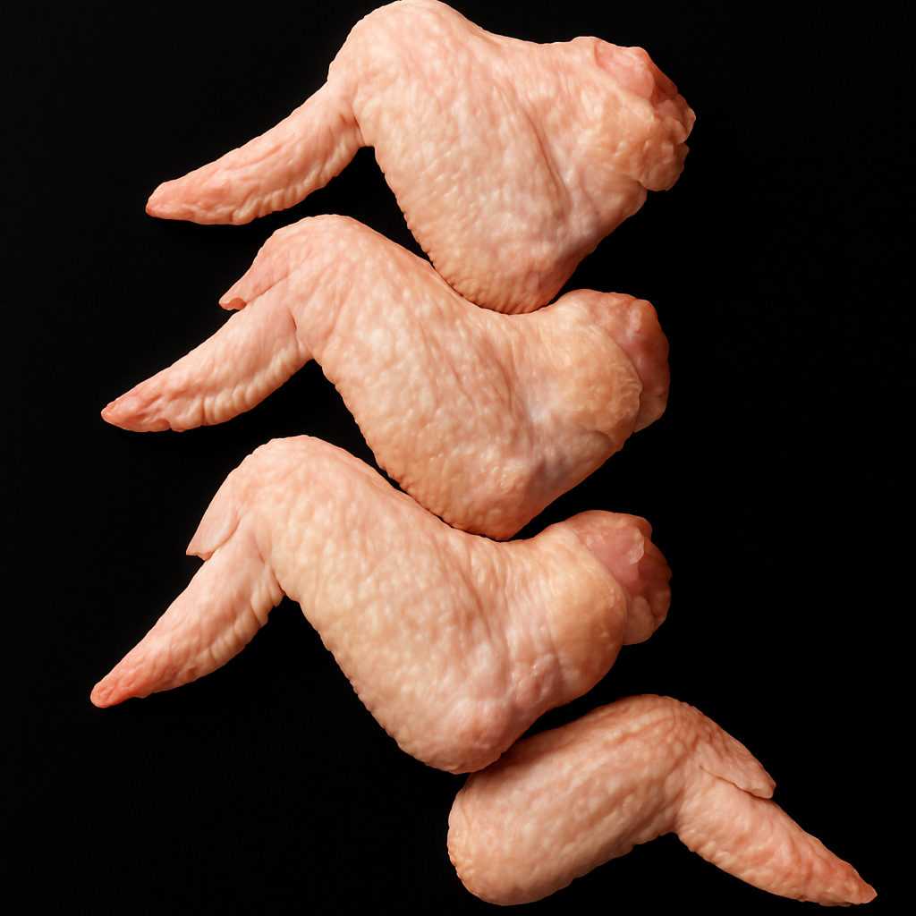 Raw chicken wings, skin-on and jointed, pale pink with trimmed edges, arranged on white tray