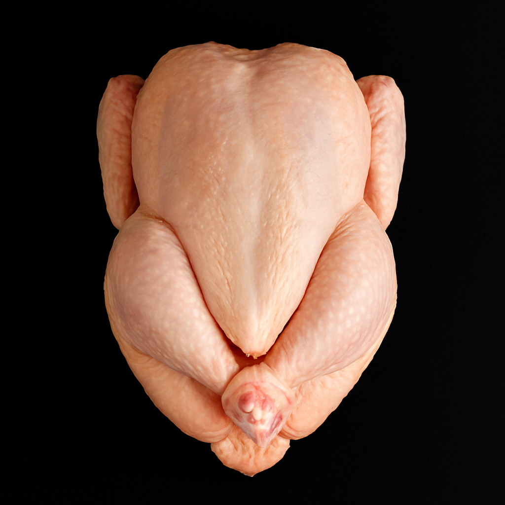 Raw fresh whole chicken, plump and skin-on with trimmed wings and legs, placed on white tray