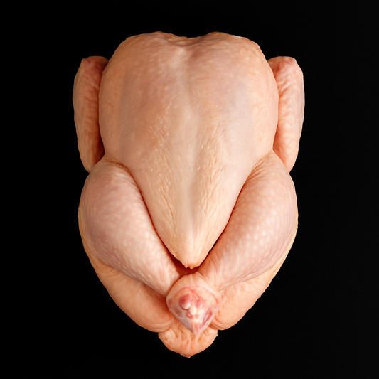 Raw fresh whole chicken, plump and skin-on with trimmed wings and legs, placed on white tray