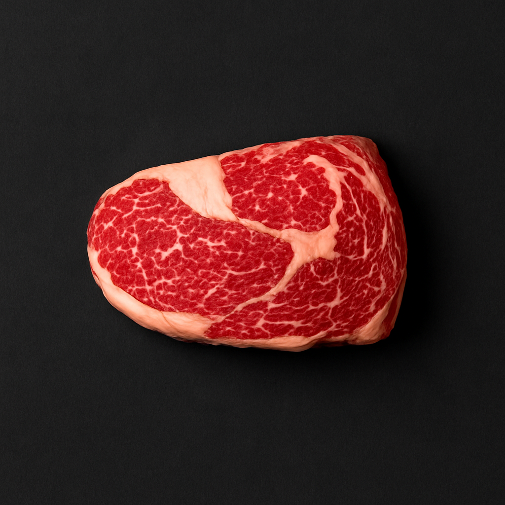 Raw gluten-free beef cube roll, boneless with lean texture and light marbling, placed on butcher tray with certified gluten-free label