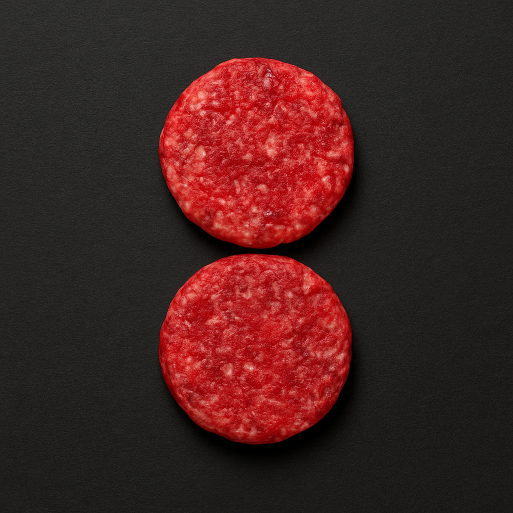 Raw grass-fed beef burger patty, round and evenly shaped with lean texture and minimal marbling, placed on parchment-lined tray