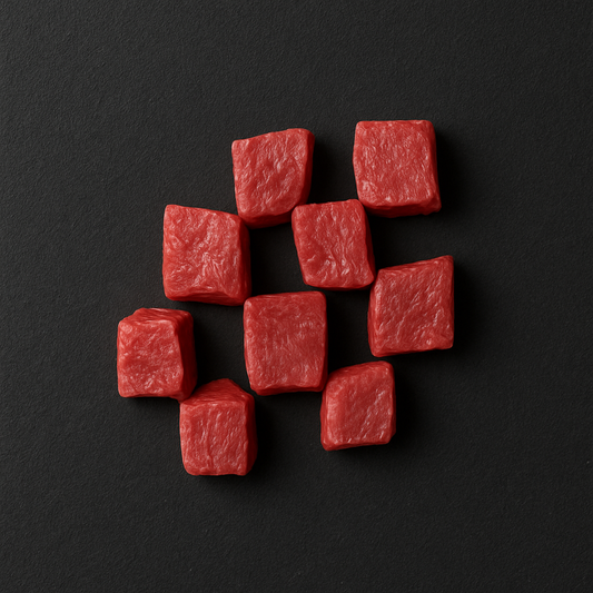 Raw grass-fed beef cubes, evenly cut with lean texture and deep red color, arranged on butcher tray